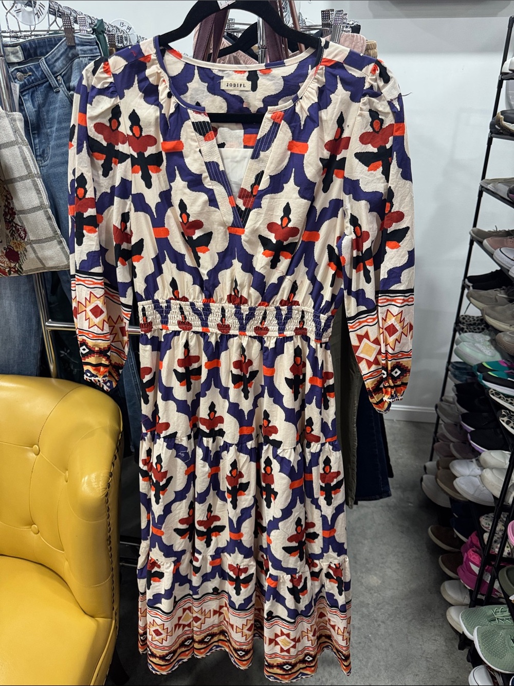 JODIFL Cream Midi Dress with Navy & Red Geometric Print